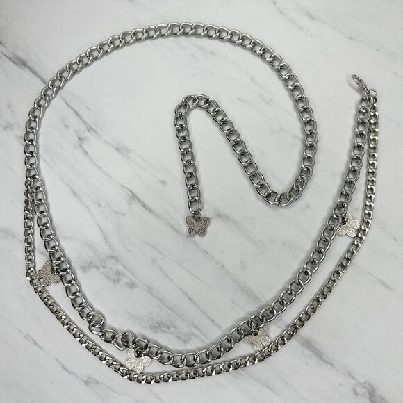Butterfly Charm Silver Tone Metal Chain Link Belt One Size (OS) ✨ - Picture 1 of 12